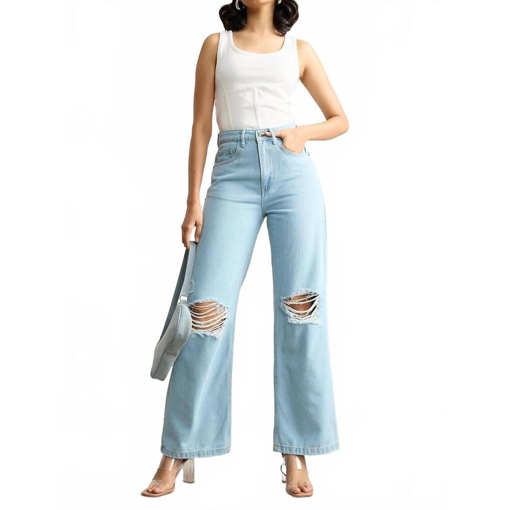 NEW TIMING women's distressed high waisted jeans in light blue